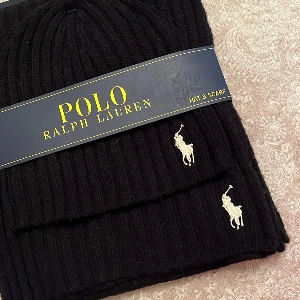 Brand New Polo by Ralph Lauren Black & White 35% Lambswool Hat & Scarf Set